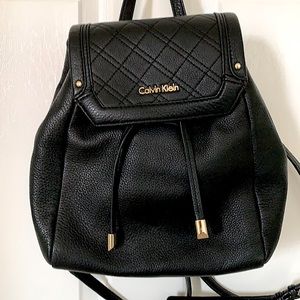 Calvin Klein Black Leather Backpack Purse With Partial Gold Chain Straps